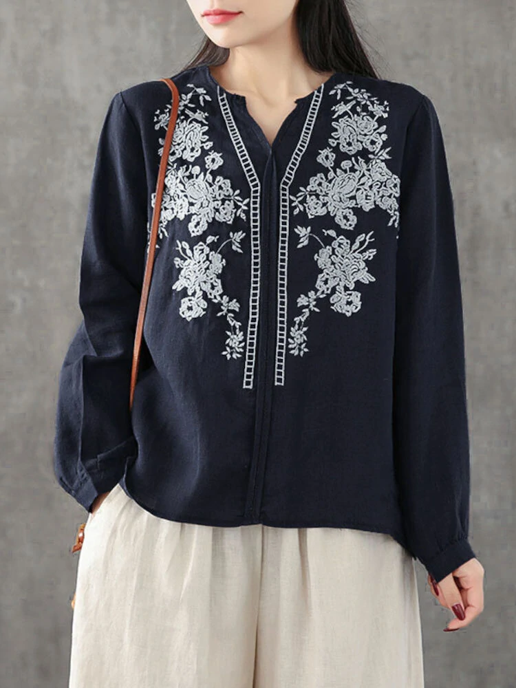 ZANZEA Plus Size Women Cotton Linen V-Neck Embroidery Patterns Casual Loose Blouse — view 5