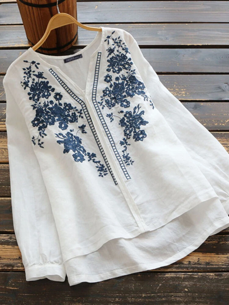 ZANZEA Plus Size Women Cotton Linen V-Neck Embroidery Patterns Casual Loose Blouse — view 7