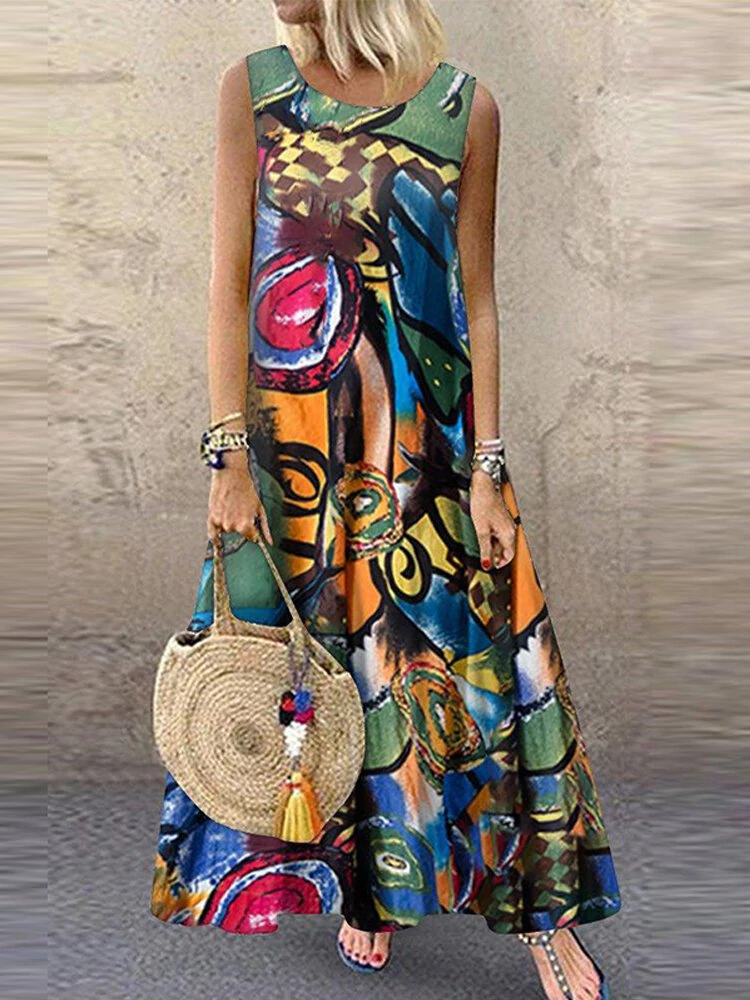 ZANZEA Plus Size Women Long Dress Retro O-neck Abstracted Print Sleeveless Beach Maxi Dress with Pockets — ZANZEA