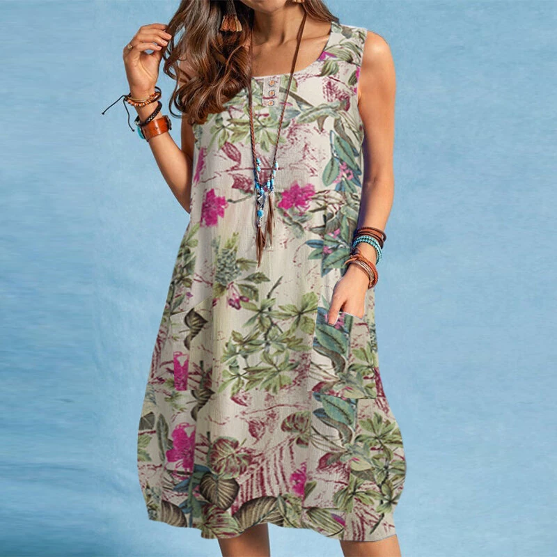 ZANZEA Plus Size Women Plant Print Dress Button Pocket Sleeveless Cotton Linen Casual Holiday Midi Dresses S-5XL — view 3