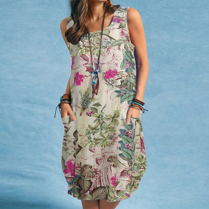 ZANZEA Plus Size Women Plant Print Dress Button Pocket Sleeveless Cotton Linen Casual Holiday Midi Dresses S-5XL — view 4