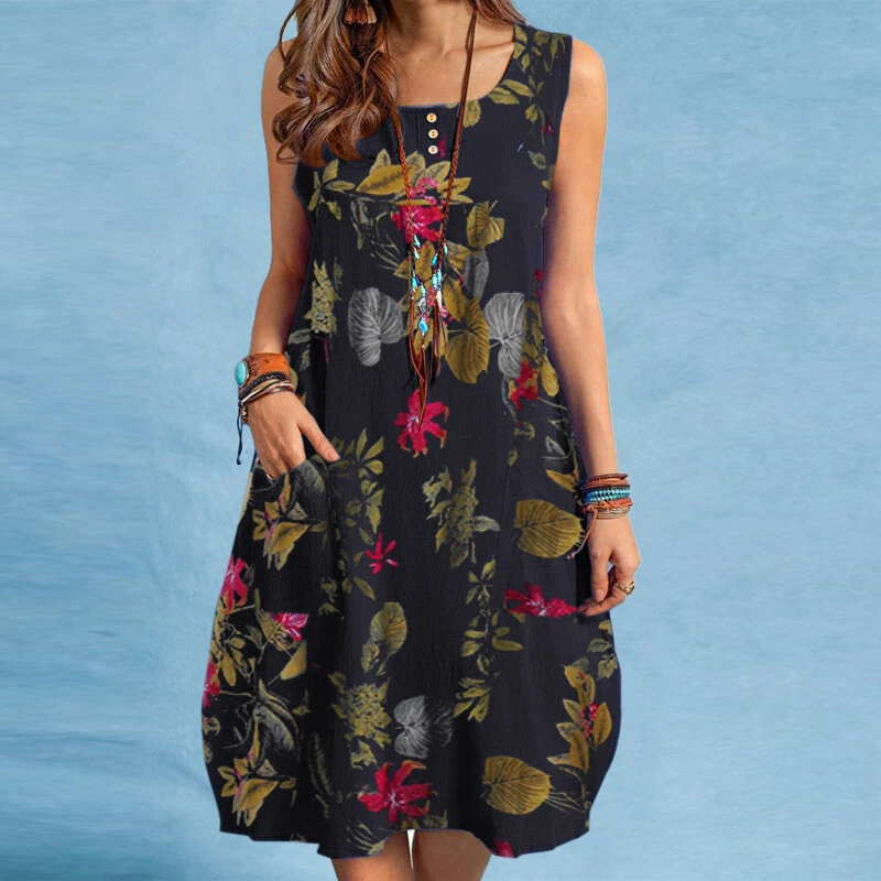 ZANZEA Plus Size Women Plant Print Dress Button Pocket Sleeveless Cotton Linen Casual Holiday Midi Dresses S-5XL — view 5