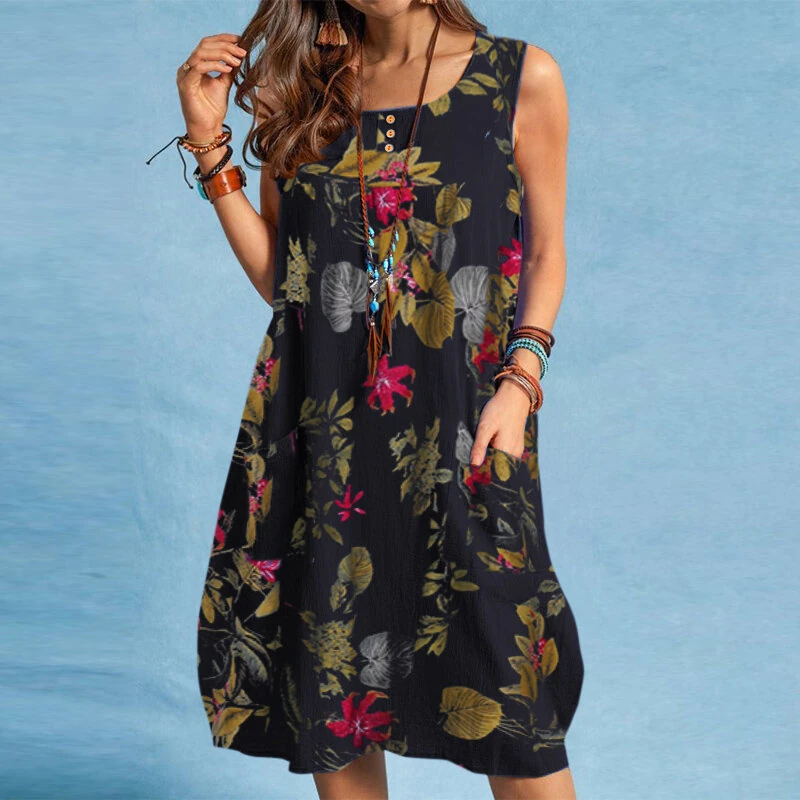 ZANZEA Plus Size Women Plant Print Dress Button Pocket Sleeveless Cotton Linen Casual Holiday Midi Dresses S-5XL — view 6
