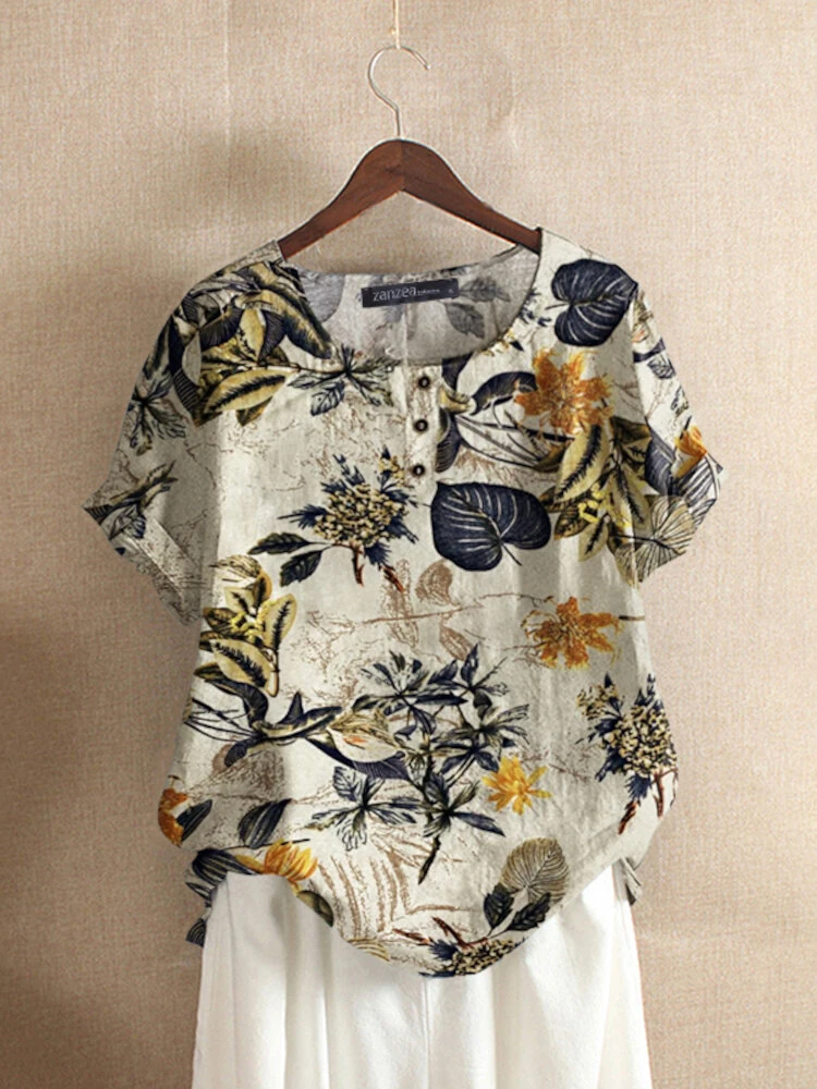 ZANZEA Plus Size Women's Shirt Cotton Linen Printed Casual Short Sleeve O Neck Loose Blouse Summer Daily Top for Women — view 10