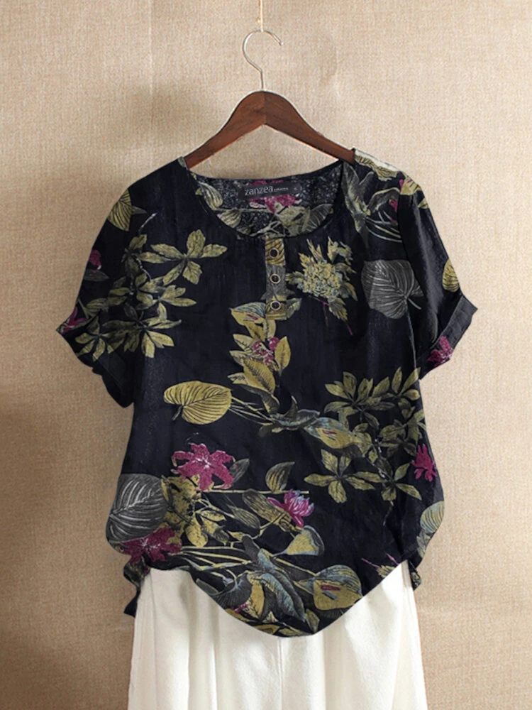ZANZEA Plus Size Women's Shirt Cotton Linen Printed Casual Short Sleeve O Neck Loose Blouse Summer Daily Top for Women — view 2