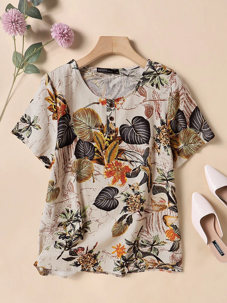 ZANZEA Plus Size Women's Shirt Cotton Linen Printed Casual Short Sleeve O Neck Loose Blouse Summer Daily Top for Women — view 3