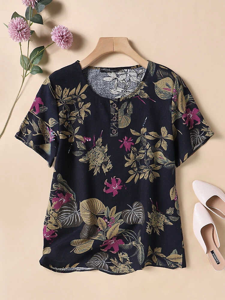 ZANZEA Plus Size Women's Shirt Cotton Linen Printed Casual Short Sleeve O Neck Loose Blouse Summer Daily Top for Women — view 4