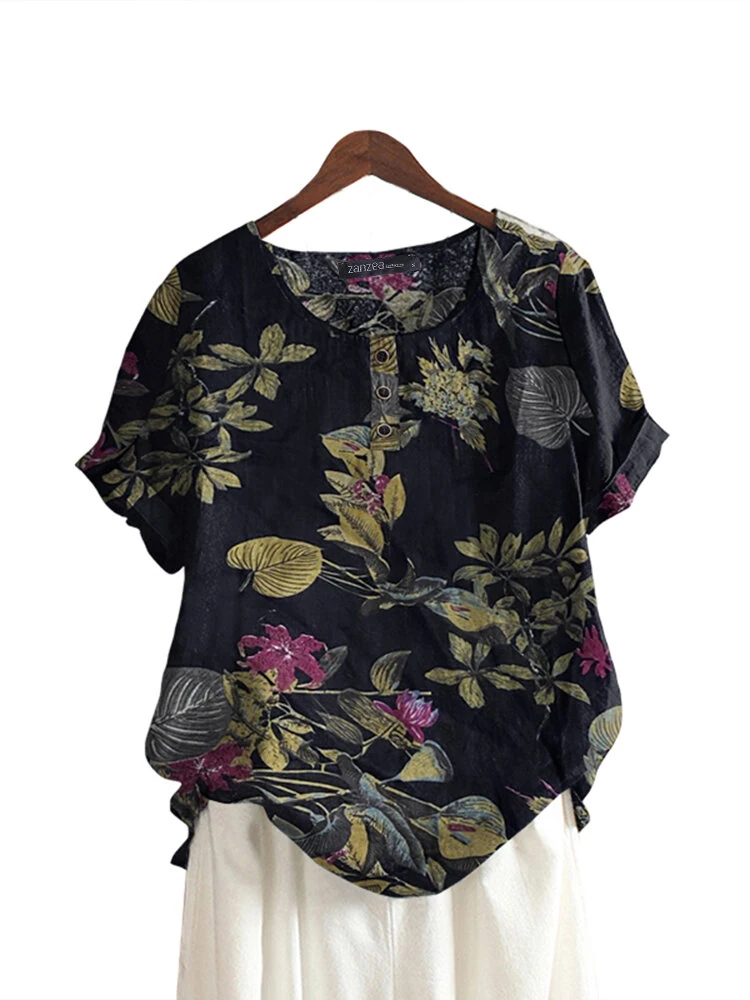 ZANZEA Plus Size Women's Shirt Cotton Linen Printed Casual Short Sleeve O Neck Loose Blouse Summer Daily Top for Women — view 8