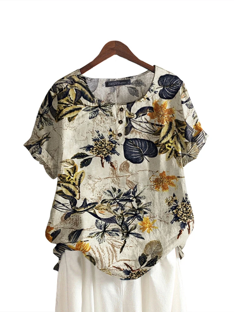 ZANZEA Plus Size Women's Shirt Cotton Linen Printed Casual Short Sleeve O Neck Loose Blouse Summer Daily Top for Women — view 9