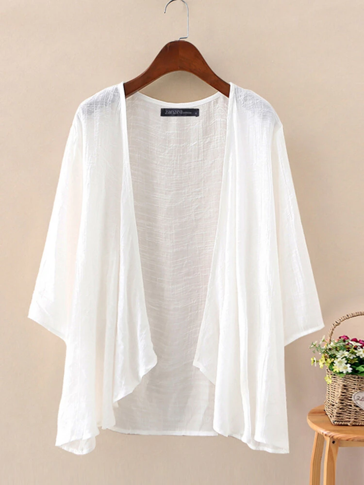 ZANZEA Plus Size Womens Cardigans Solid Color Cape Summer Beach Sunscreen Linen Cardigan — ZANZEA