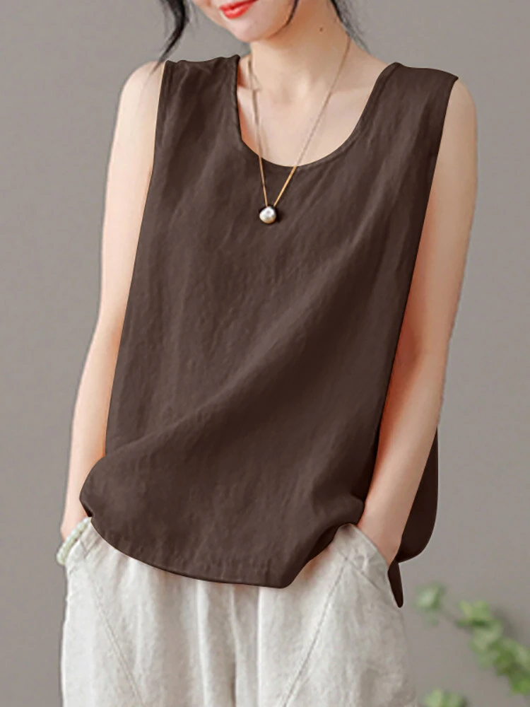 ZANZEA Plus Size Womens Tank Top Solid Crew Neck Sleeveless Casual Women Tanks — view 10