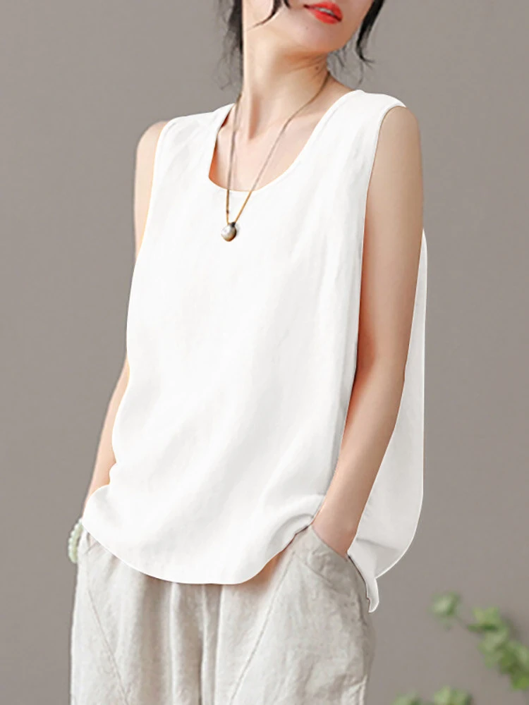ZANZEA Plus Size Womens Tank Top Solid Crew Neck Sleeveless Casual Women Tanks — view 3