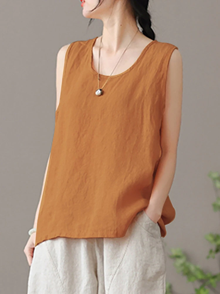 ZANZEA Plus Size Womens Tank Top Solid Crew Neck Sleeveless Casual Women Tanks — view 5