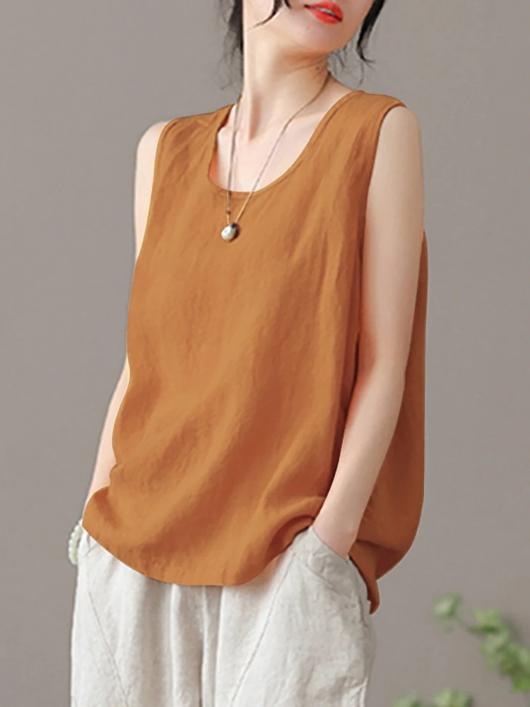 ZANZEA Plus Size Womens Tank Top Solid Crew Neck Sleeveless Casual Women Tanks — view 6
