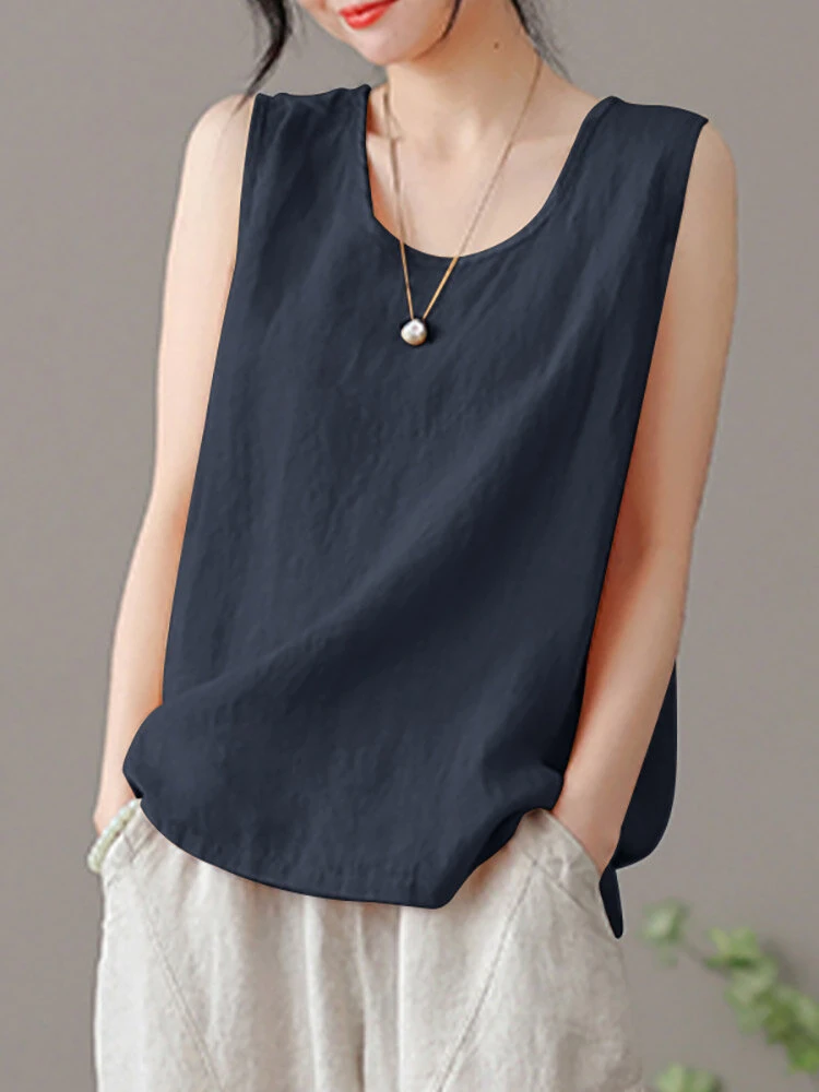 ZANZEA Plus Size Womens Tank Top Solid Crew Neck Sleeveless Casual Women Tanks — view 7