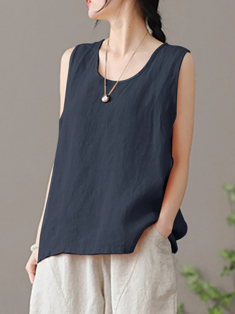 ZANZEA Plus Size Womens Tank Top Solid Crew Neck Sleeveless Casual Women Tanks — view 8