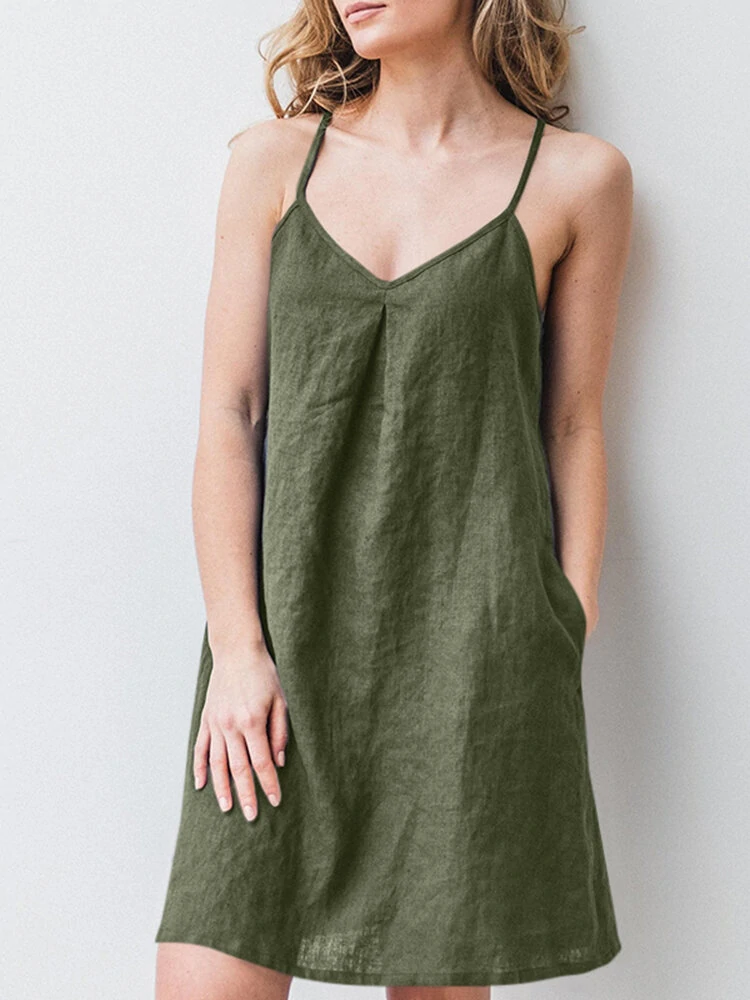 ZANZEA Solid Pocket Spaghetti Strap Backless Dress For Women — ZANZEA