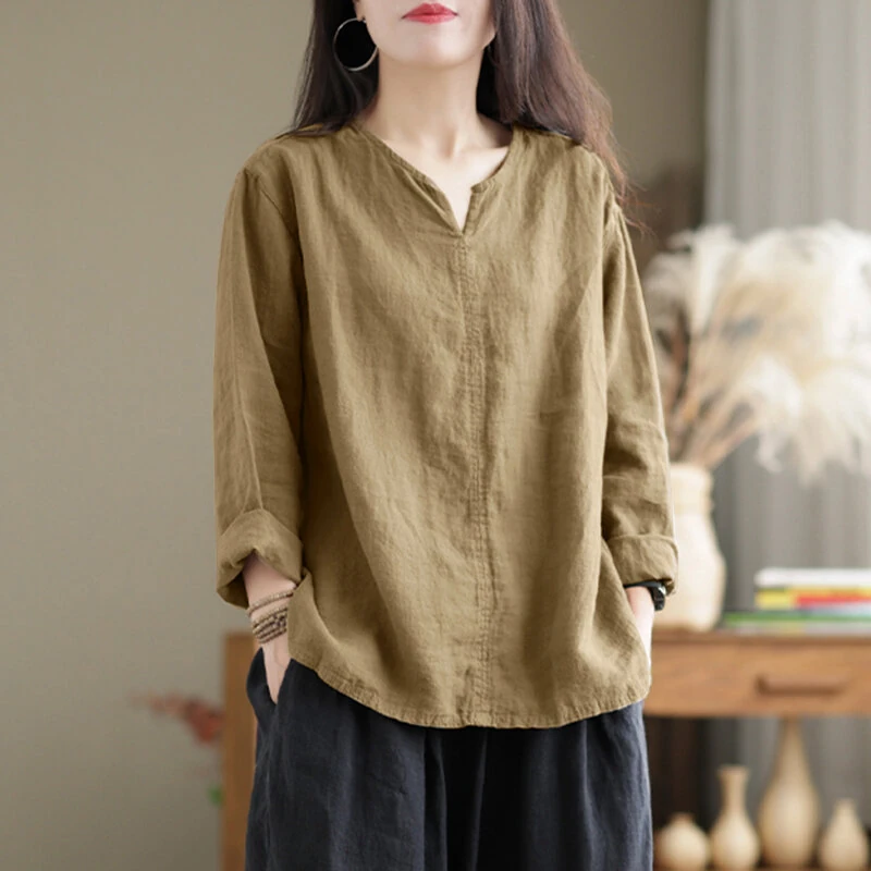 ZANZEA Vintage Women Cotton Blouse V Neck Long Sleeve Tops Retro Solid Loose Shirt Female Work Tunic Blusas Mujer — view 2