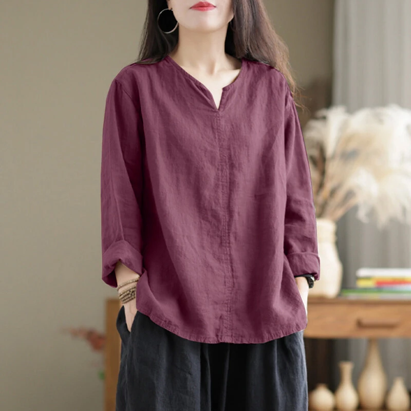 ZANZEA Vintage Women Cotton Blouse V Neck Long Sleeve Tops Retro Solid Loose Shirt Female Work Tunic Blusas Mujer — view 3