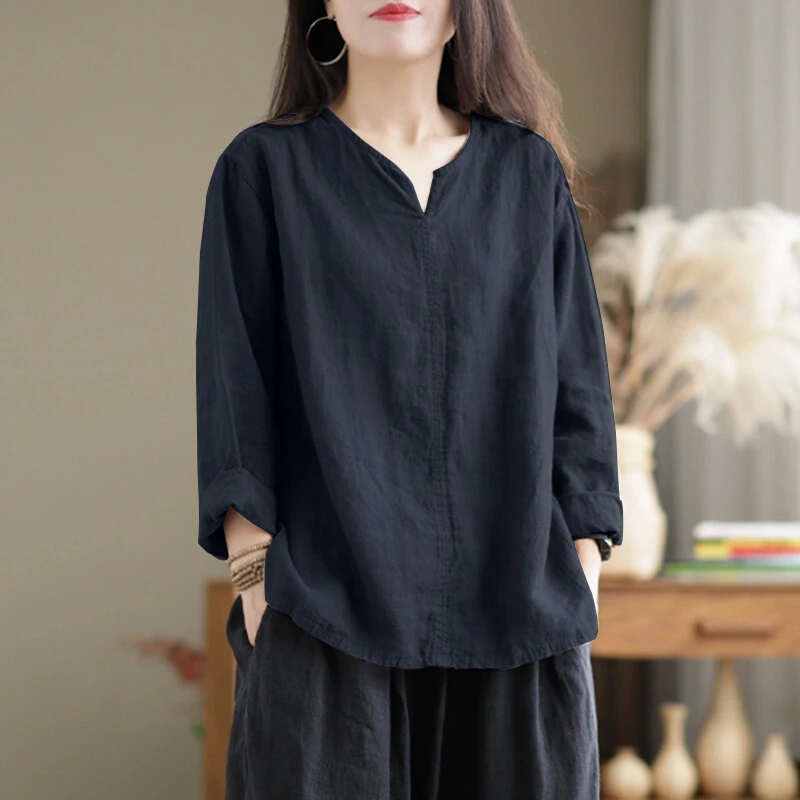 ZANZEA Vintage Women Cotton Blouse V Neck Long Sleeve Tops Retro Solid Loose Shirt Female Work Tunic Blusas Mujer — view 4