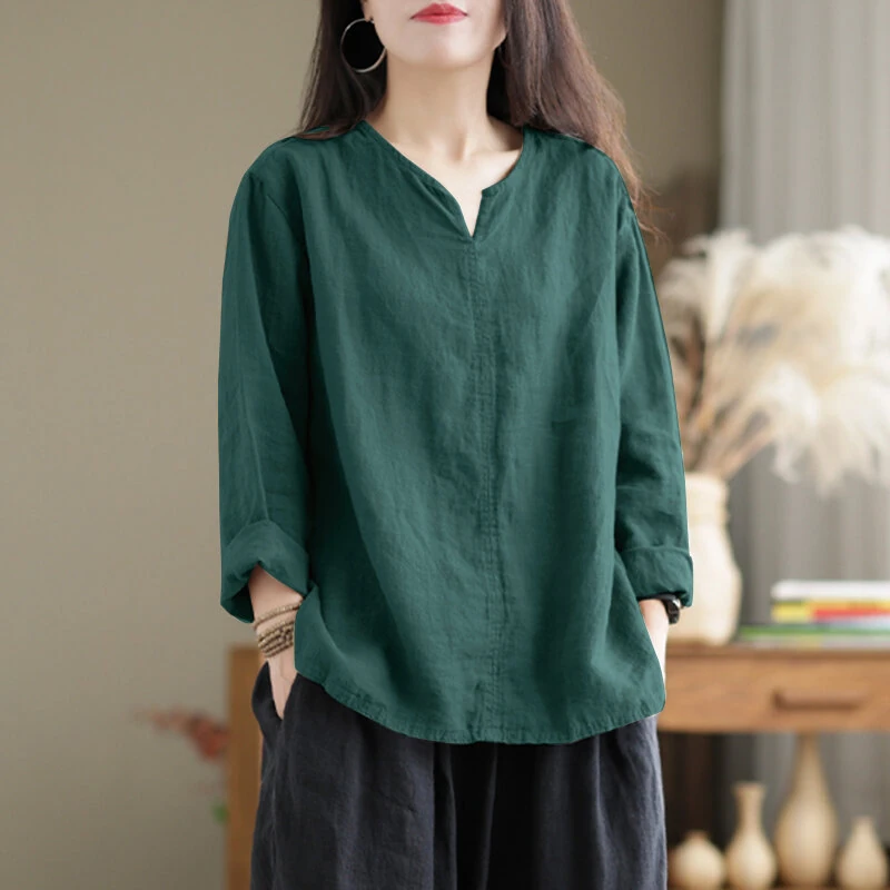 ZANZEA Vintage Women Cotton Blouse V Neck Long Sleeve Tops Retro Solid Loose Shirt Female Work Tunic Blusas Mujer — view 5