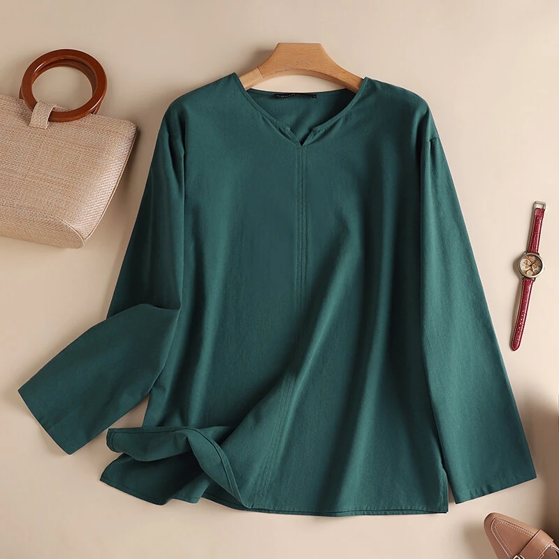 ZANZEA Vintage Women Cotton Blouse V Neck Long Sleeve Tops Retro Solid Loose Shirt Female Work Tunic Blusas Mujer — view 6