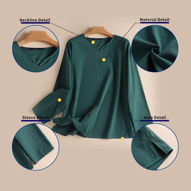ZANZEA Vintage Women Cotton Blouse V Neck Long Sleeve Tops Retro Solid Loose Shirt Female Work Tunic Blusas Mujer — view 8