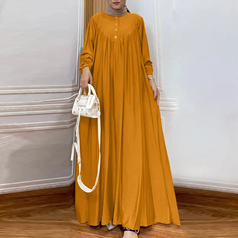 ZANZEA Women Abaya Casual Maxi A-Line Sundress Kaftans Lantern Sleeve O-Neck Plain Dress — ZANZEA