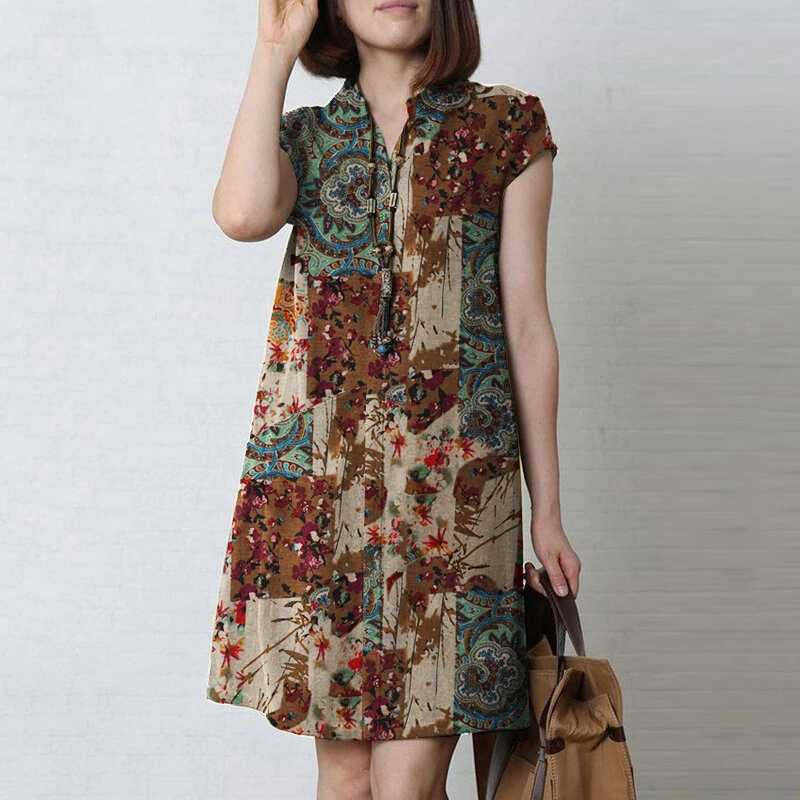ZANZEA Women Bohemian Floral Printed V-Neck Cotton Dress Holiday Casual Short Sleeve Sundress — image 1