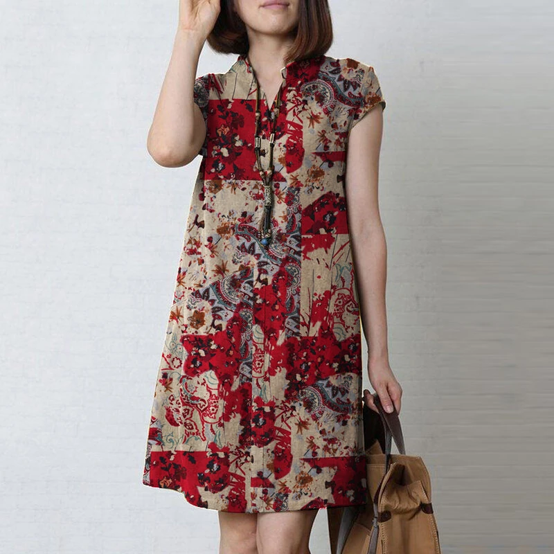 ZANZEA Women Bohemian Floral Printed V-Neck Cotton Dress Holiday Casual Short Sleeve Sundress — view 2