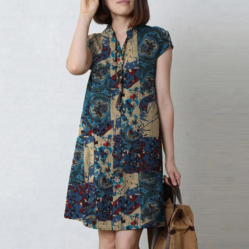 ZANZEA Women Bohemian Floral Printed V-Neck Cotton Dress Holiday Casual Short Sleeve Sundress — view 3