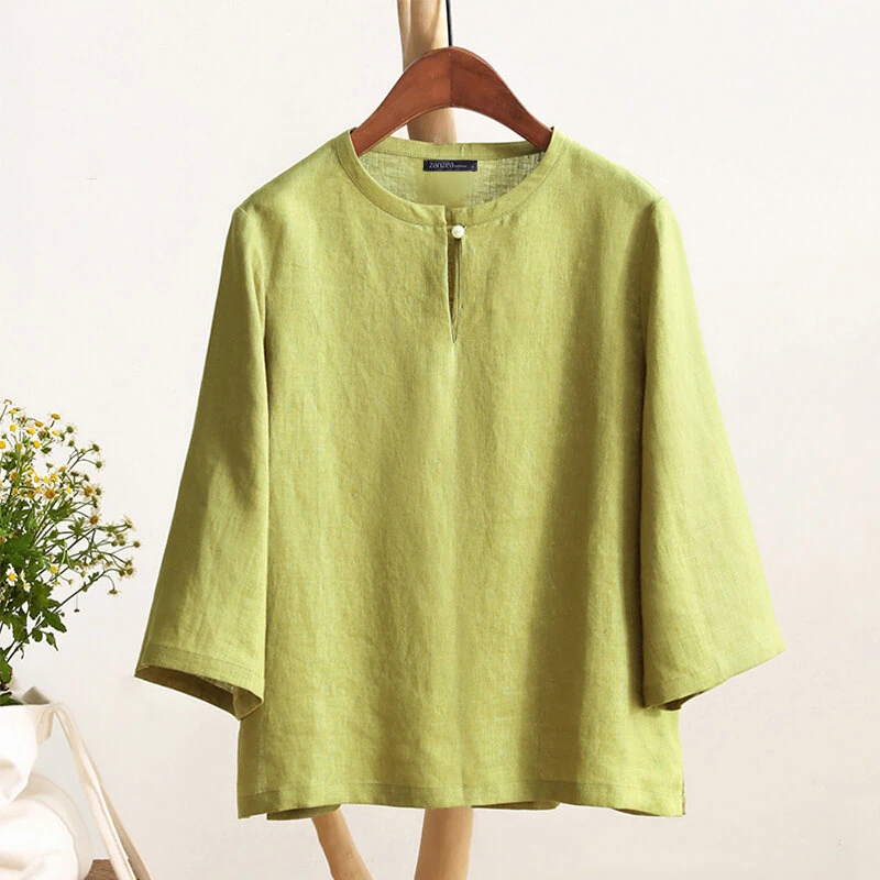 ZANZEA Women Button Summer O-Neck 3/4 Sleeve Solid Blouses Casual Cotton Linen Shirts for Women Loose Fit — ZANZEA