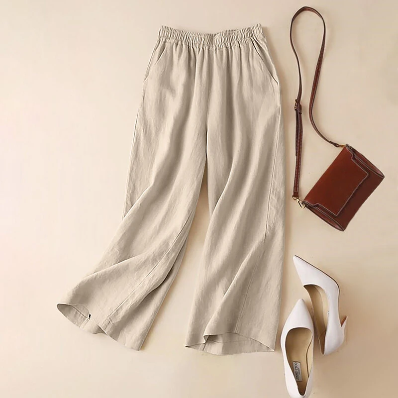 ZANZEA Women Cotton Elastic Waist Solid Color Long Pants Casual Loose Straight Trousers — ZANZEA