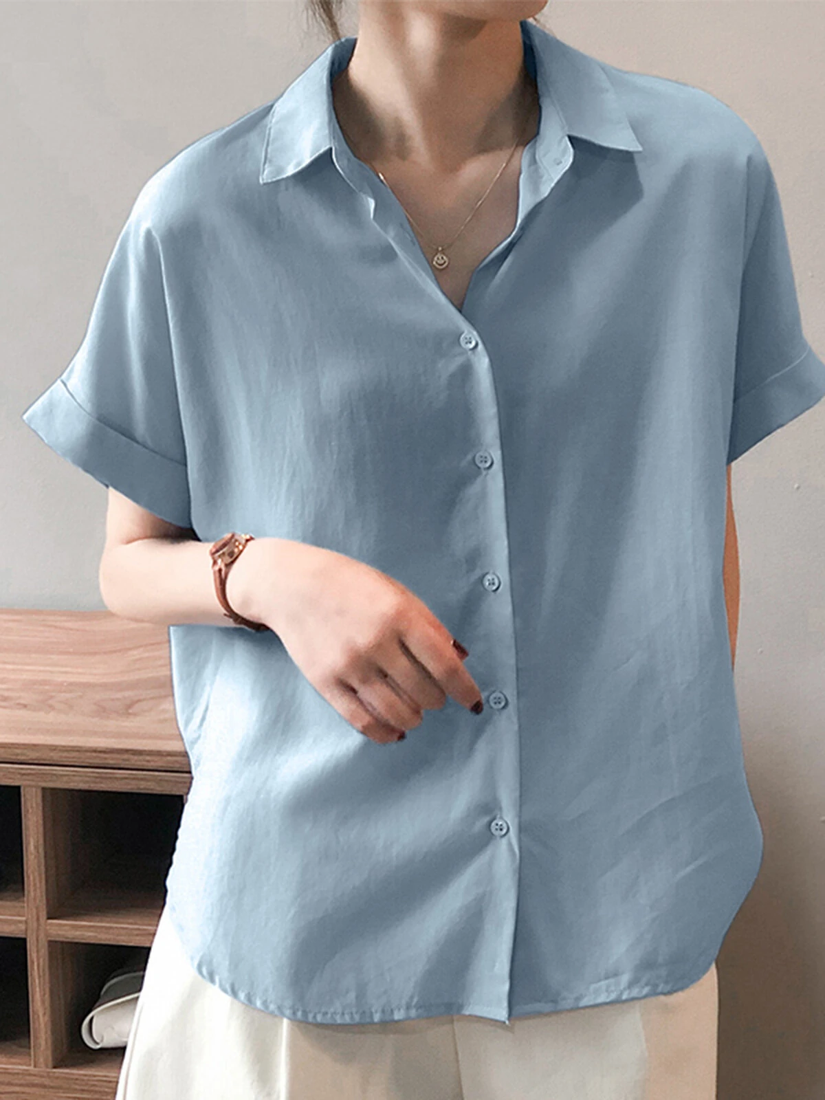 ZANZEA Women Cotton Linen Blouses Solid Button Lapel Roll Sleeve Short Sleeve Casual Shirt Plus Size — ZANZEA