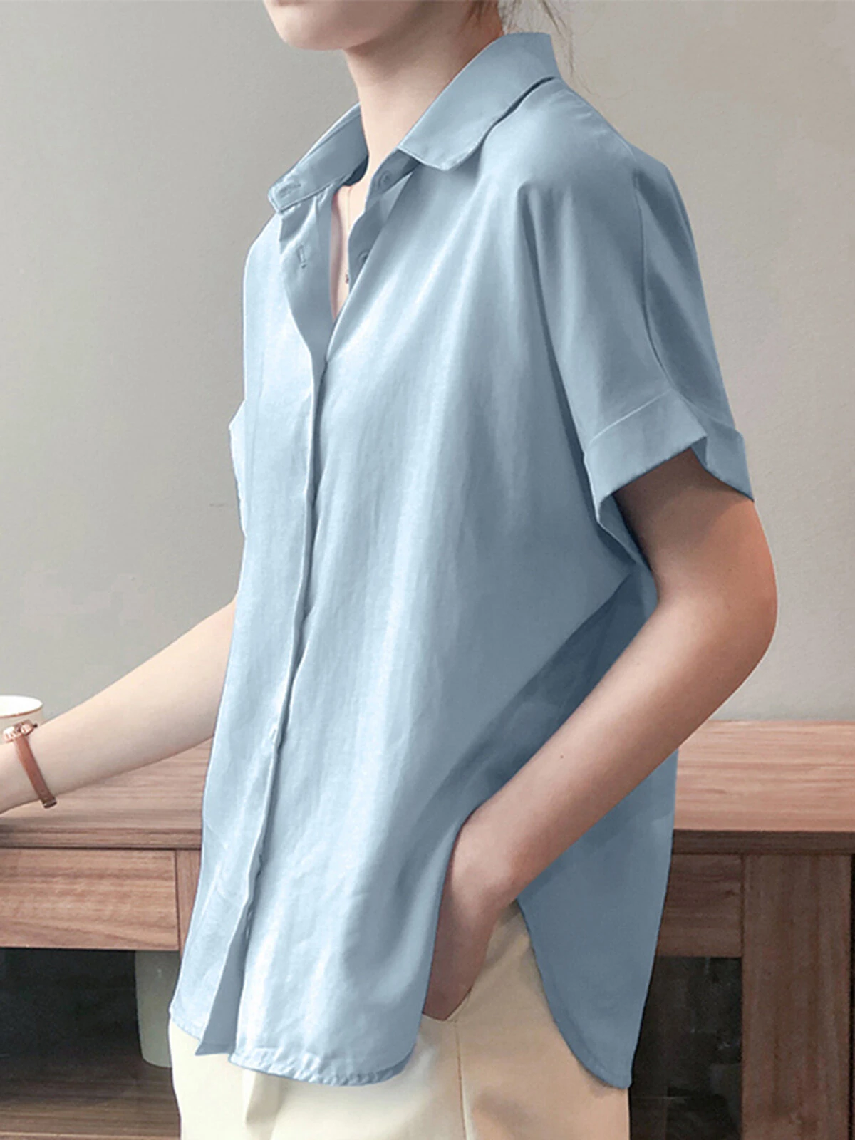 ZANZEA Women Cotton Linen Blouses Solid Button Lapel Roll Sleeve Short Sleeve Casual Shirt Plus Size — view 2