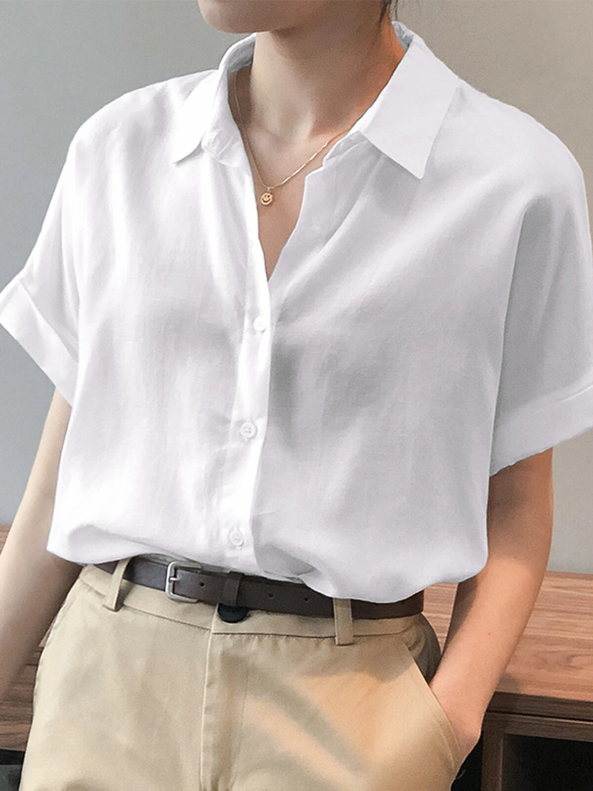 ZANZEA Women Cotton Linen Blouses Solid Button Lapel Roll Sleeve Short Sleeve Casual Shirt Plus Size — view 3