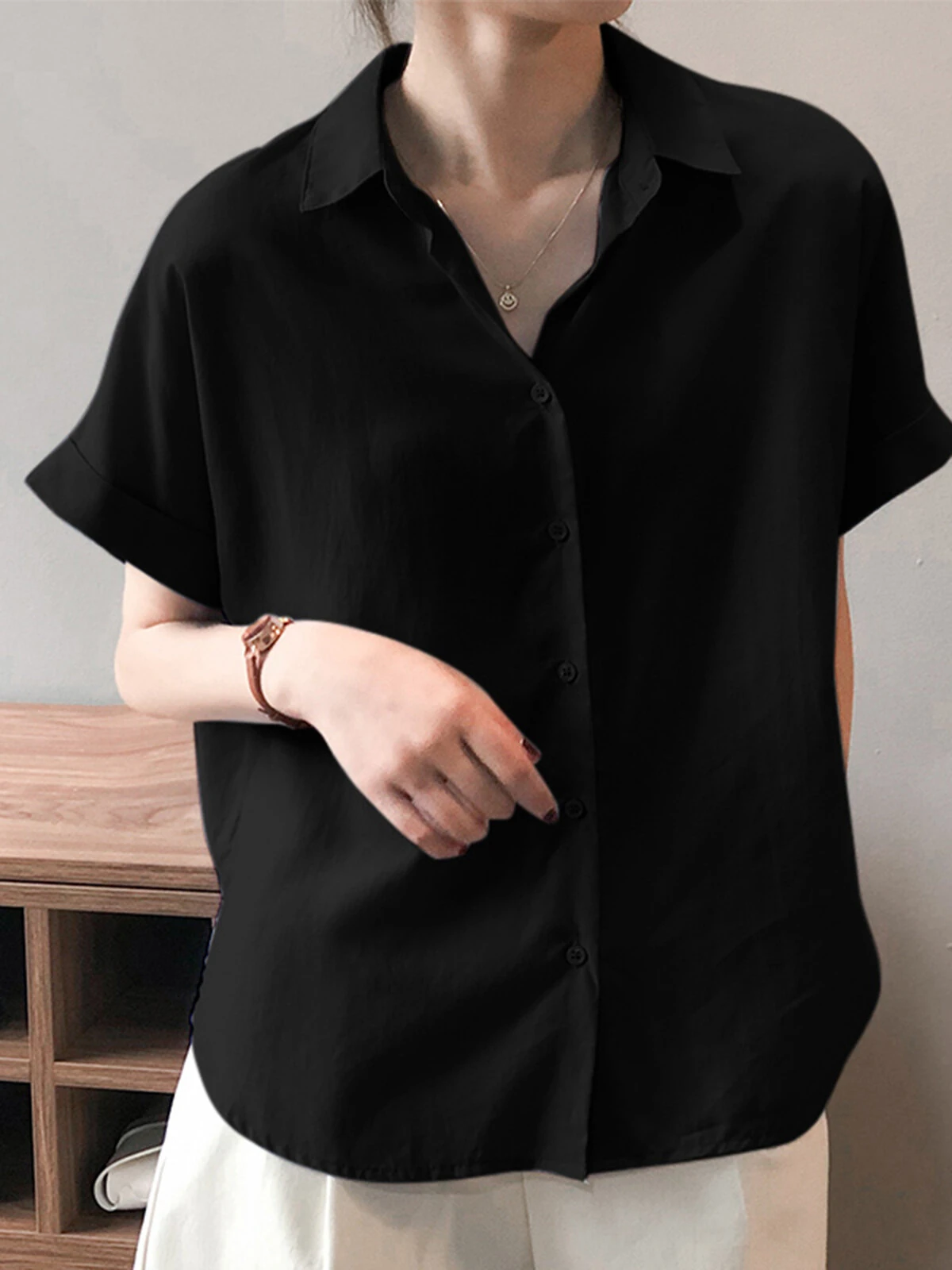 ZANZEA Women Cotton Linen Blouses Solid Button Lapel Roll Sleeve Short Sleeve Casual Shirt Plus Size — view 4