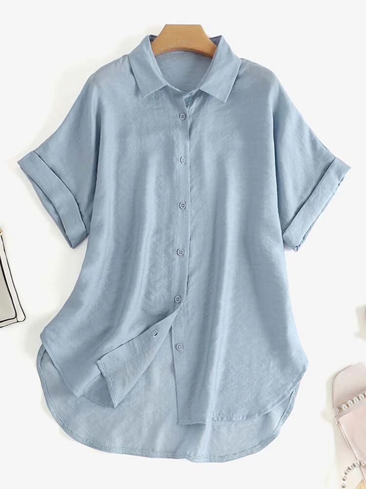ZANZEA Women Cotton Linen Blouses Solid Button Lapel Roll Sleeve Short Sleeve Casual Shirt Plus Size — view 5