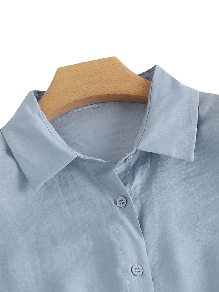 ZANZEA Women Cotton Linen Blouses Solid Button Lapel Roll Sleeve Short Sleeve Casual Shirt Plus Size — view 6