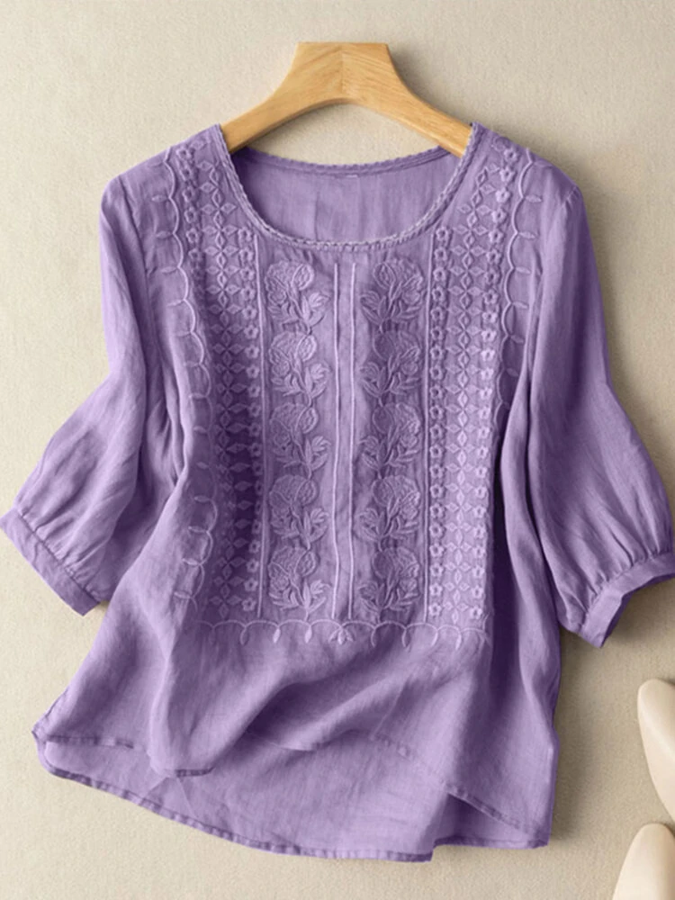 ZANZEA Women Daily Casual 3/4 Length Sleeve Blouses Solod Color Shirts — view 3