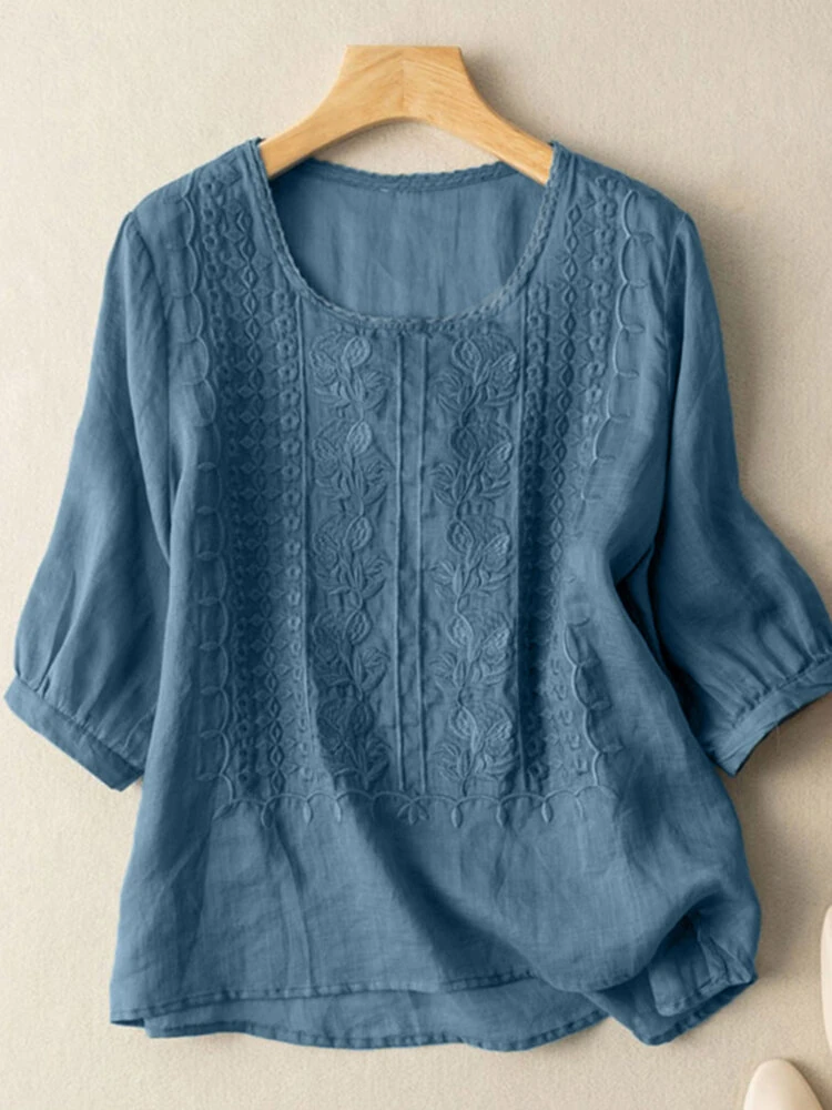 ZANZEA Women Daily Casual 3/4 Length Sleeve Blouses Solod Color Shirts — view 4