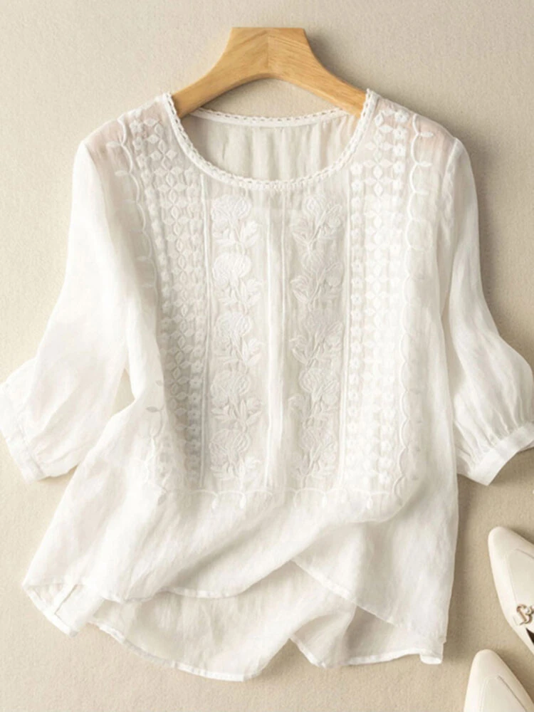 ZANZEA Women Daily Casual 3/4 Length Sleeve Blouses Solod Color Shirts — view 5