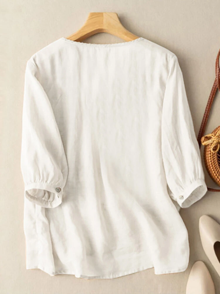 ZANZEA Women Daily Casual 3/4 Length Sleeve Blouses Solod Color Shirts — view 6