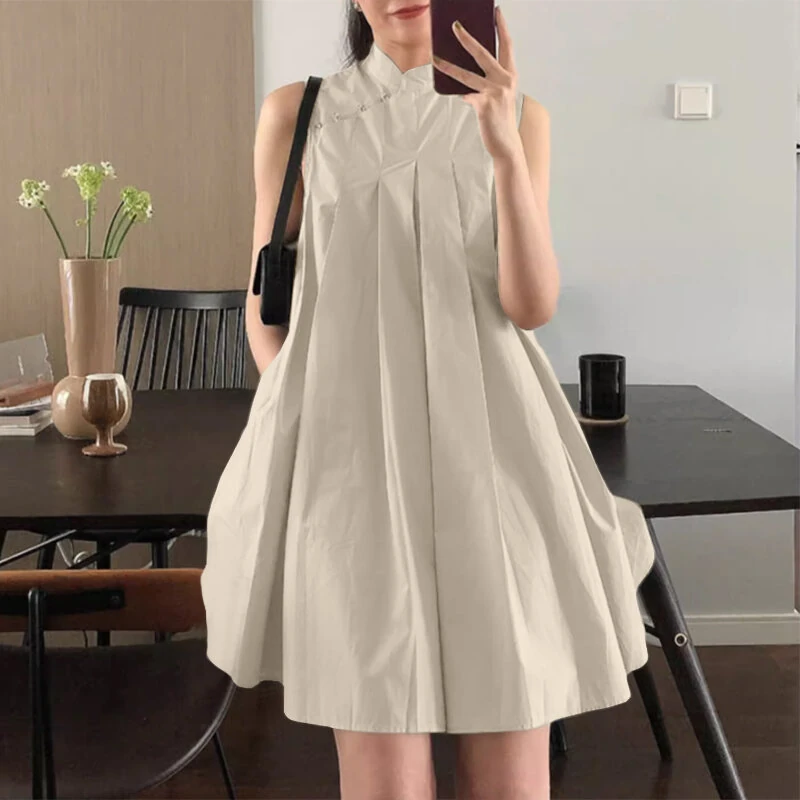 ZANZEA Women Elegant Stand Collar Sundress Sleeveless A-Line Midi Party Prom Dress — view 11