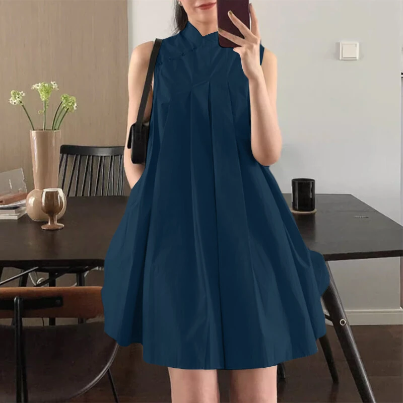 ZANZEA Women Elegant Stand Collar Sundress Sleeveless A-Line Midi Party Prom Dress — view 2