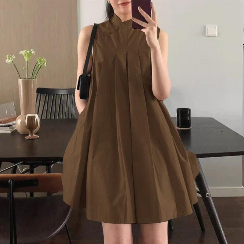 ZANZEA Women Elegant Stand Collar Sundress Sleeveless A-Line Midi Party Prom Dress — view 3