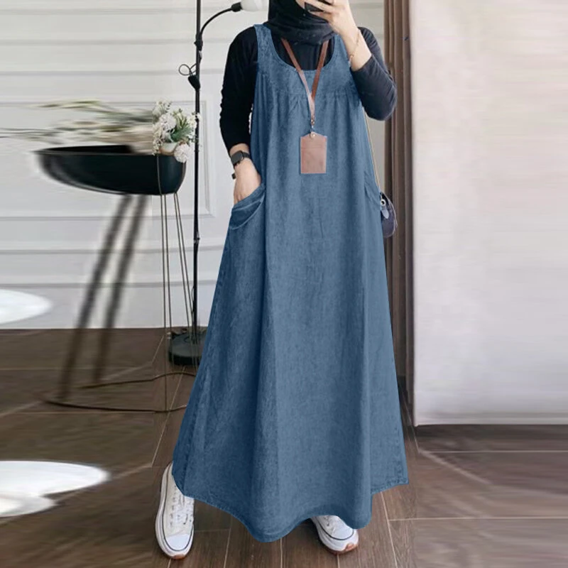 ZANZEA Women Fashion Denim Overalls Dress Summer Sleeveless Casual Loose Sundress Solid Color Maxi Dress With Pockets — ZANZEA