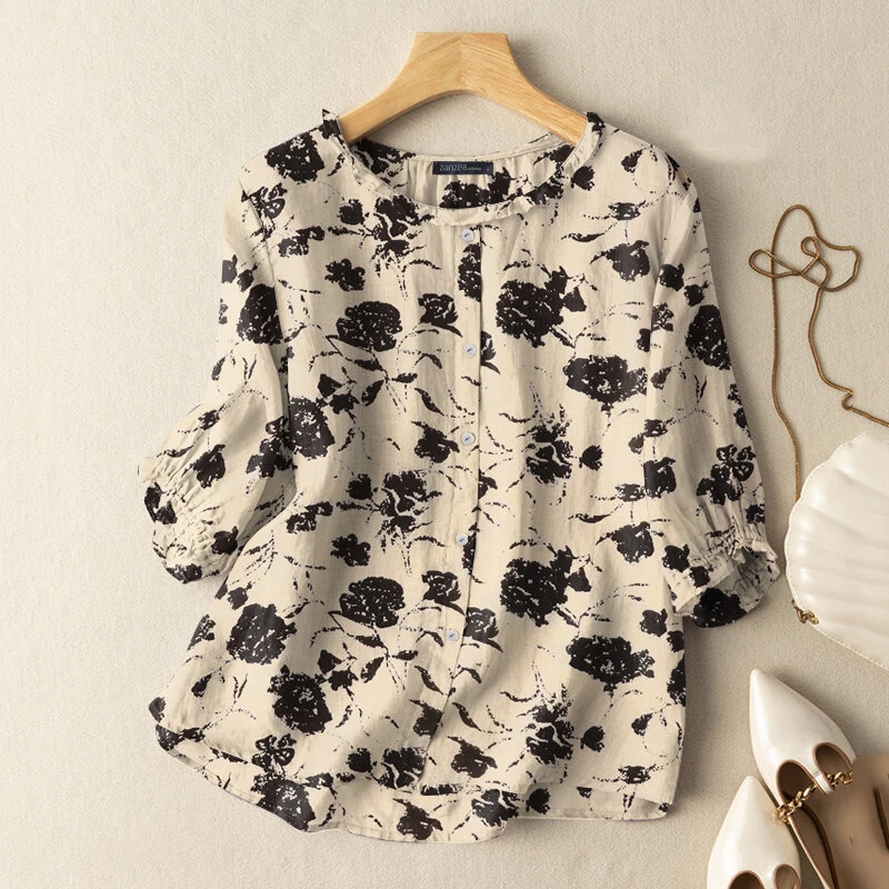 ZANZEA Women Flowers Print Shirt Ruffled stand-up Collar Design Vintage Blouse Medium-length Sleeve Plus Size Blouse Tops for Women — ZANZEA