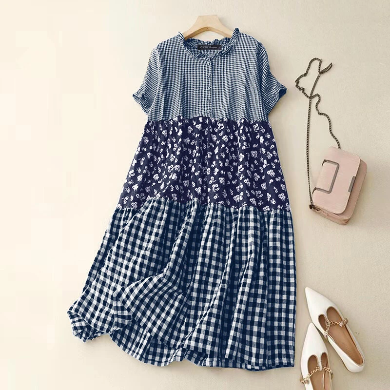 ZANZEA Women Loose Patchwork Check Floral Dress Stylish Short Sleeve Pleated Crew Neck Shirt Dress for Women Plus Size — view 11