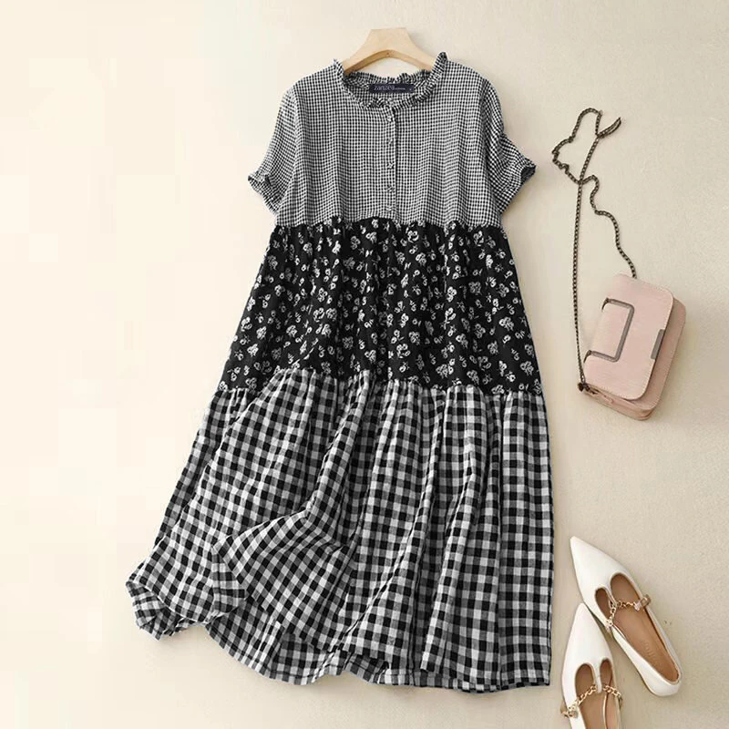 ZANZEA Women Loose Patchwork Check Floral Dress Stylish Short Sleeve Pleated Crew Neck Shirt Dress for Women Plus Size — view 2